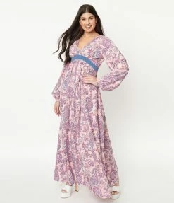 Unique Vintage Pink Paisley Print Buttercup Maxi Dress Sale