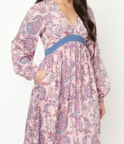 Unique Vintage Pink Paisley Print Buttercup Maxi Dress Sale