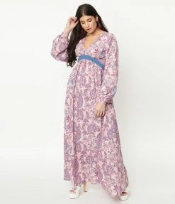 Unique Vintage Pink Paisley Print Buttercup Maxi Dress Sale