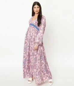 Unique Vintage Pink Paisley Print Buttercup Maxi Dress Sale