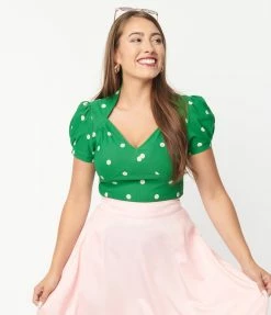 Unique Vintage Green Polka Dots Chloe Top