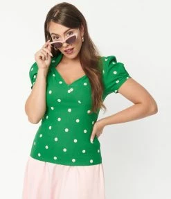 Unique Vintage Green Polka Dots Chloe Top