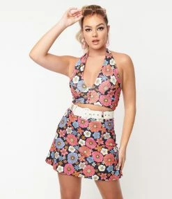 Smak Parlour Black & Purple Retro Floral Easy Does It Mini Skirt Sale