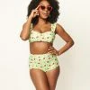 Unique Vintage Green Gingham & Ladybug Print Ruched & Ready Swim Top