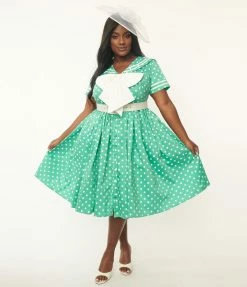 Sale Unique Vintage Plus Size Seafoam & White Polka Dot Seas The Day Swing Dress