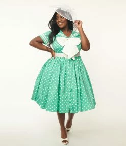 Sale Unique Vintage Plus Size Seafoam & White Polka Dot Seas The Day Swing Dress