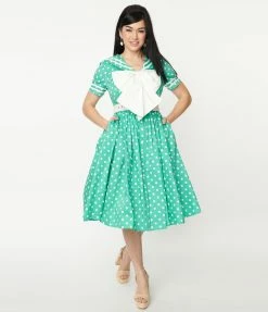 Unique Vintage Seafoam & White Polka Dot Seas The Day Swing Dress Sale