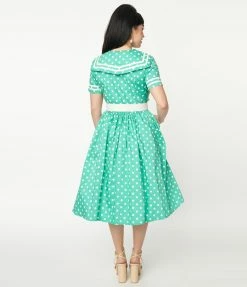 Unique Vintage Seafoam & White Polka Dot Seas The Day Swing Dress Sale