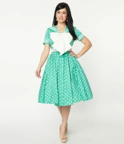 Unique Vintage Seafoam & White Polka Dot Seas The Day Swing Dress Sale