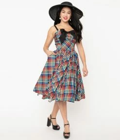 Sale Unique Vintage Rainbow Madras Plaid Golightly Swing Dress