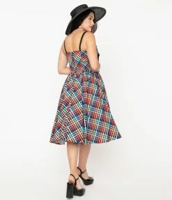 Sale Unique Vintage Rainbow Madras Plaid Golightly Swing Dress