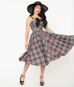 Sale Unique Vintage Rainbow Madras Plaid Golightly Swing Dress