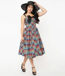Sale Unique Vintage Rainbow Madras Plaid Golightly Swing Dress