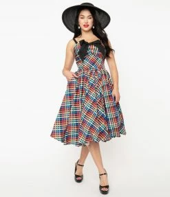 Sale Unique Vintage Rainbow Madras Plaid Golightly Swing Dress