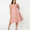 Unique Vintage Pink & Daisy Print Prairie Swing Dress