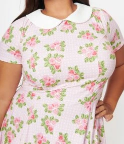 Unique Vintage Plus Size Pink Pansies & White Pin Dot Margot Fit & Flare Dress