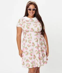 Unique Vintage Plus Size Pink Pansies & White Pin Dot Margot Fit & Flare Dress