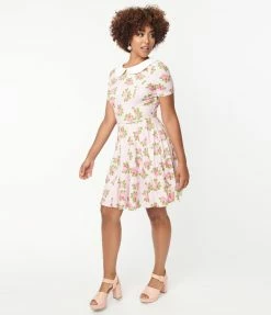 Unique Vintage Pink Pansies & White Pin Dot Margot Fit & Flare Dress