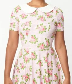Unique Vintage Pink Pansies & White Pin Dot Margot Fit & Flare Dress