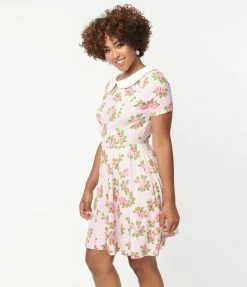 Unique Vintage Pink Pansies & White Pin Dot Margot Fit & Flare Dress