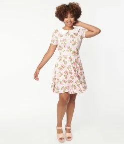 Unique Vintage Pink Pansies & White Pin Dot Margot Fit & Flare Dress
