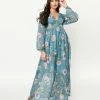 Sale Unique Vintage Teal & Purple Floral Print Buttercup Maxi Dress