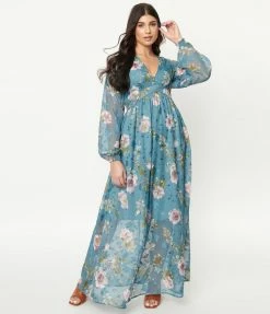 Sale Unique Vintage Teal & Purple Floral Print Buttercup Maxi Dress