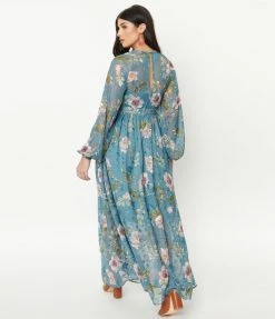 Sale Unique Vintage Teal & Purple Floral Print Buttercup Maxi Dress