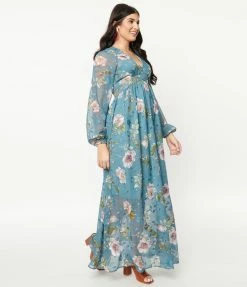 Sale Unique Vintage Teal & Purple Floral Print Buttercup Maxi Dress