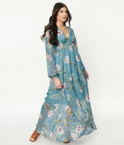Sale Unique Vintage Teal & Purple Floral Print Buttercup Maxi Dress