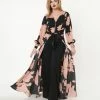 Unique Vintage Black & Coral Floral Jumpsuit & Skirt Overlay