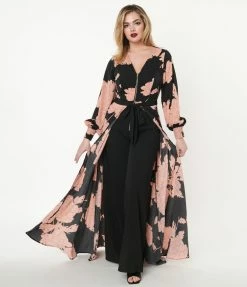 Unique Vintage Black & Coral Floral Jumpsuit & Skirt Overlay