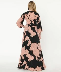 Unique Vintage Black & Coral Floral Jumpsuit & Skirt Overlay