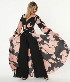 Unique Vintage Black & Coral Floral Jumpsuit & Skirt Overlay