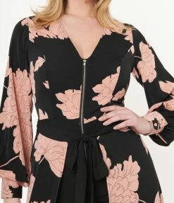 Unique Vintage Black & Coral Floral Jumpsuit & Skirt Overlay