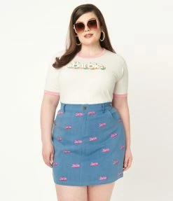 Barbie X Unique Vintage Plus Size Barbie Logo Denim Mini Skirt Fan Flair