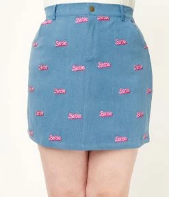 Barbie X Unique Vintage Plus Size Barbie Logo Denim Mini Skirt Fan Flair