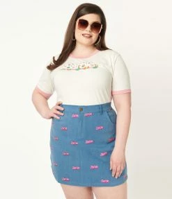 Barbie X Unique Vintage Plus Size Barbie Logo Denim Mini Skirt Fan Flair