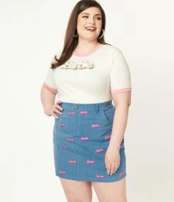 Barbie X Unique Vintage Plus Size Barbie Logo Denim Mini Skirt Fan Flair