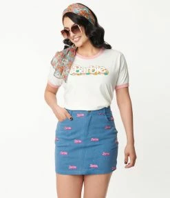 Fan Flair Barbie X Unique Vintage Barbie Logo Denim Mini Skirt
