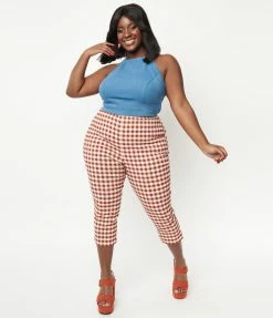 Unique Vintage Plus Size Rust Gingham Rachelle Capri Pants Sale