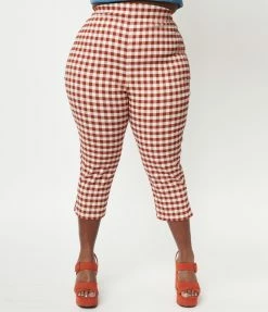 Unique Vintage Plus Size Rust Gingham Rachelle Capri Pants Sale