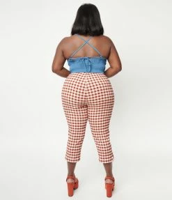 Unique Vintage Plus Size Rust Gingham Rachelle Capri Pants Sale