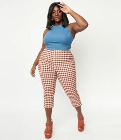 Unique Vintage Plus Size Rust Gingham Rachelle Capri Pants Sale