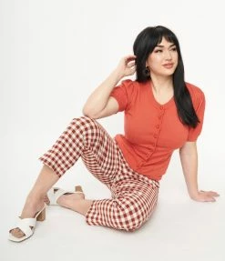 Sale Unique Vintage Rust Gingham Rachelle Capri Pants