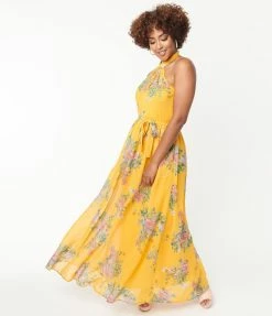 Smak Parlour Mustard & Pink Floral Budding Romance Maxi Dress Sale