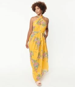 Smak Parlour Mustard & Pink Floral Budding Romance Maxi Dress Sale