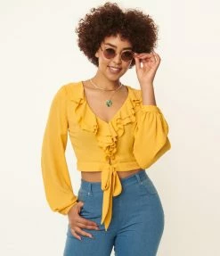 Sale Unique Vintage Mustard Ruffled & Ready Crop Top