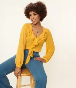 Sale Unique Vintage Mustard Ruffled & Ready Crop Top