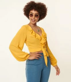 Sale Unique Vintage Mustard Ruffled & Ready Crop Top